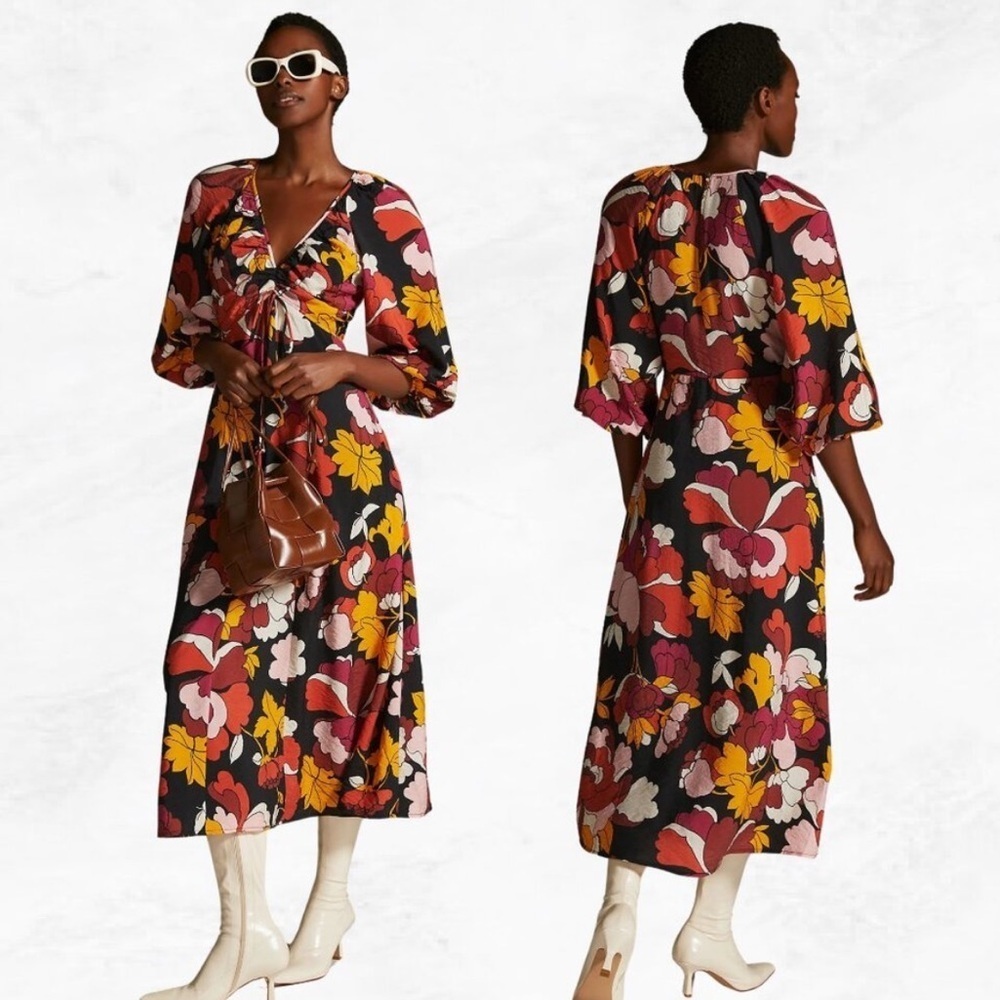 Maeve by Anthropologie Floral Deep V Ruched Midi Dress